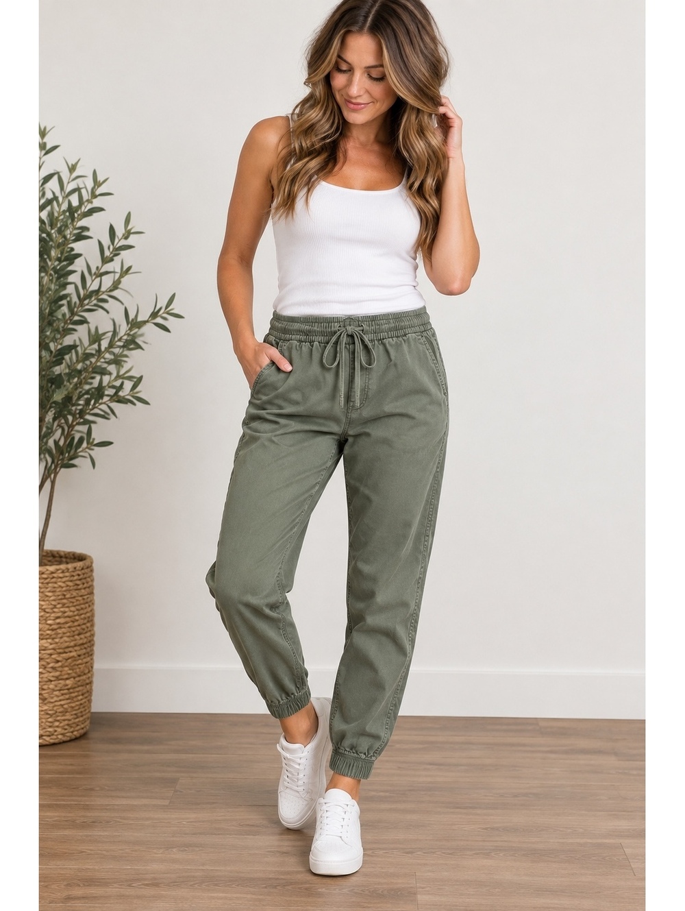 GAP Women’s Olive Green Jogger Pants Large Drawstring Stretch Waist Fall Casual